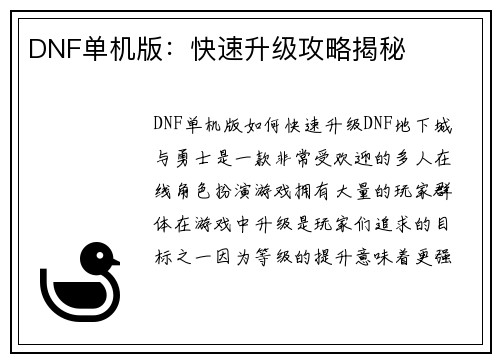 DNF单机版：快速升级攻略揭秘