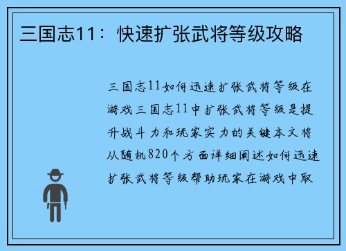三国志11：快速扩张武将等级攻略