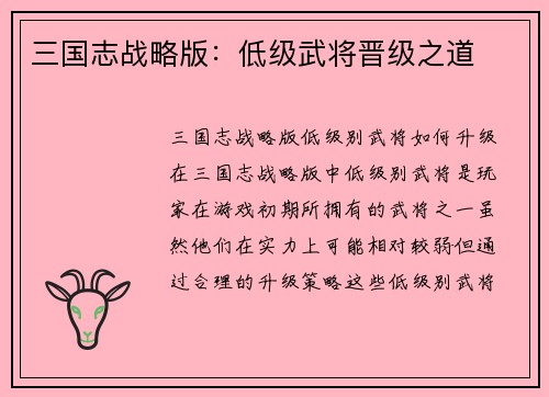三国志战略版：低级武将晋级之道