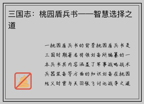 三国志：桃园盾兵书——智慧选择之道