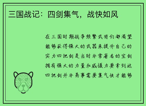 三国战记：四剑集气，战快如风